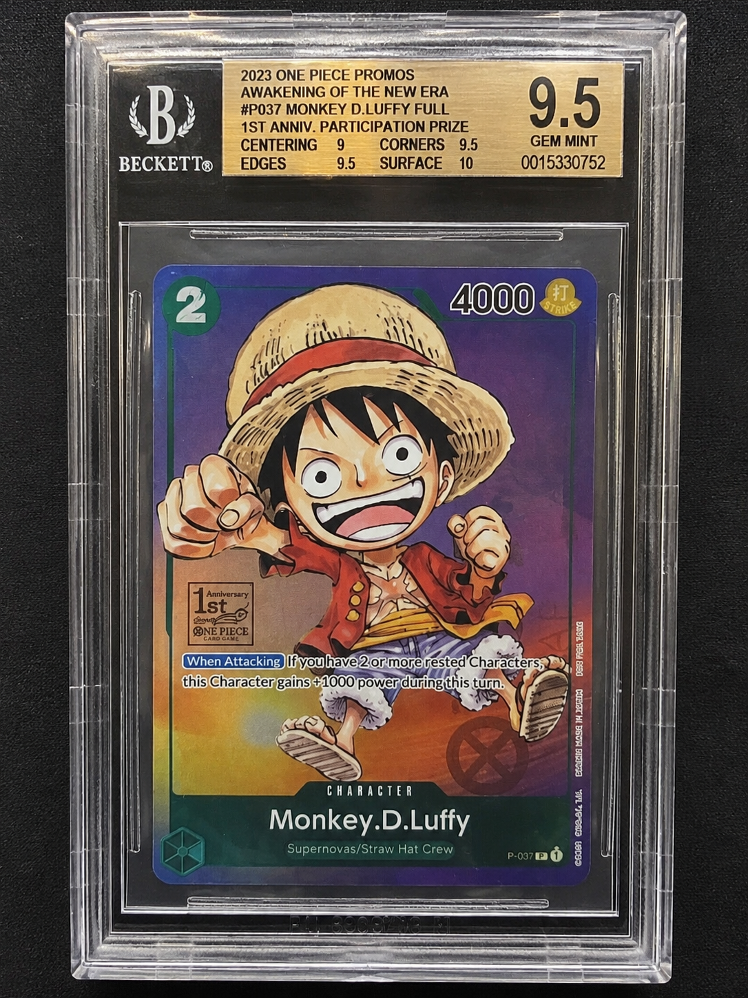 ONE PIECE Card Game – Monkey D. Luffy P-037 – 1st Anniversary Participation Prize – BGS 9.5 GEM MINT – English
