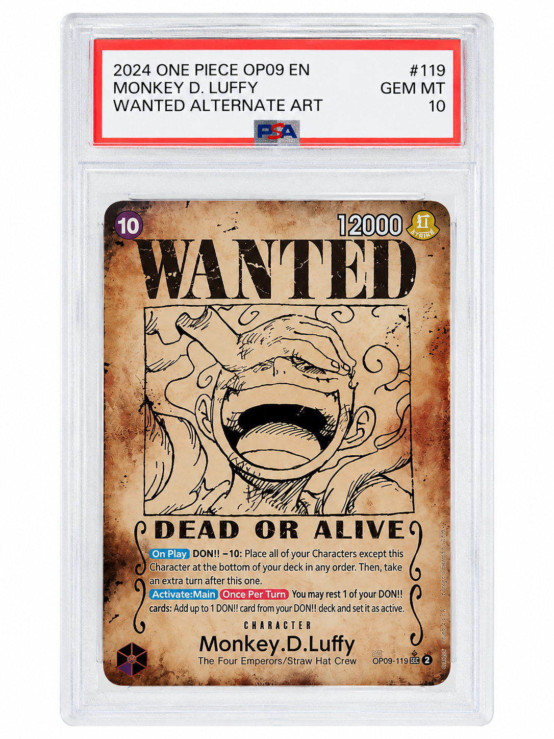 ONE PIECE Card Game – Monkey D. Luffy OP09-119 Wanted Alternate Art – PSA 10 – English